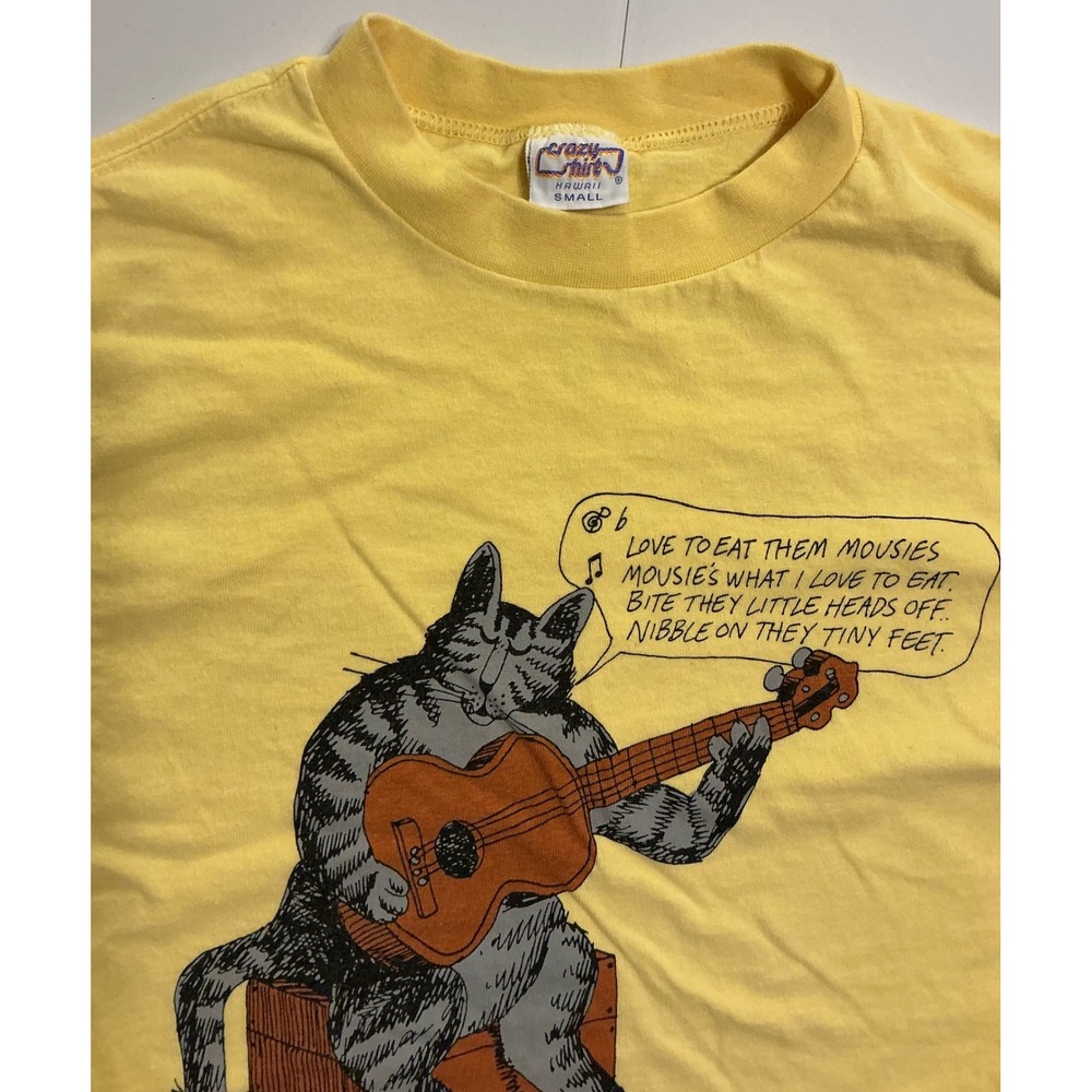 VTG‎ USA Made 80s B Kliban Cat Mousies Song Yellow Graphic Tee Youth Small USA - Picture 4 of 7
